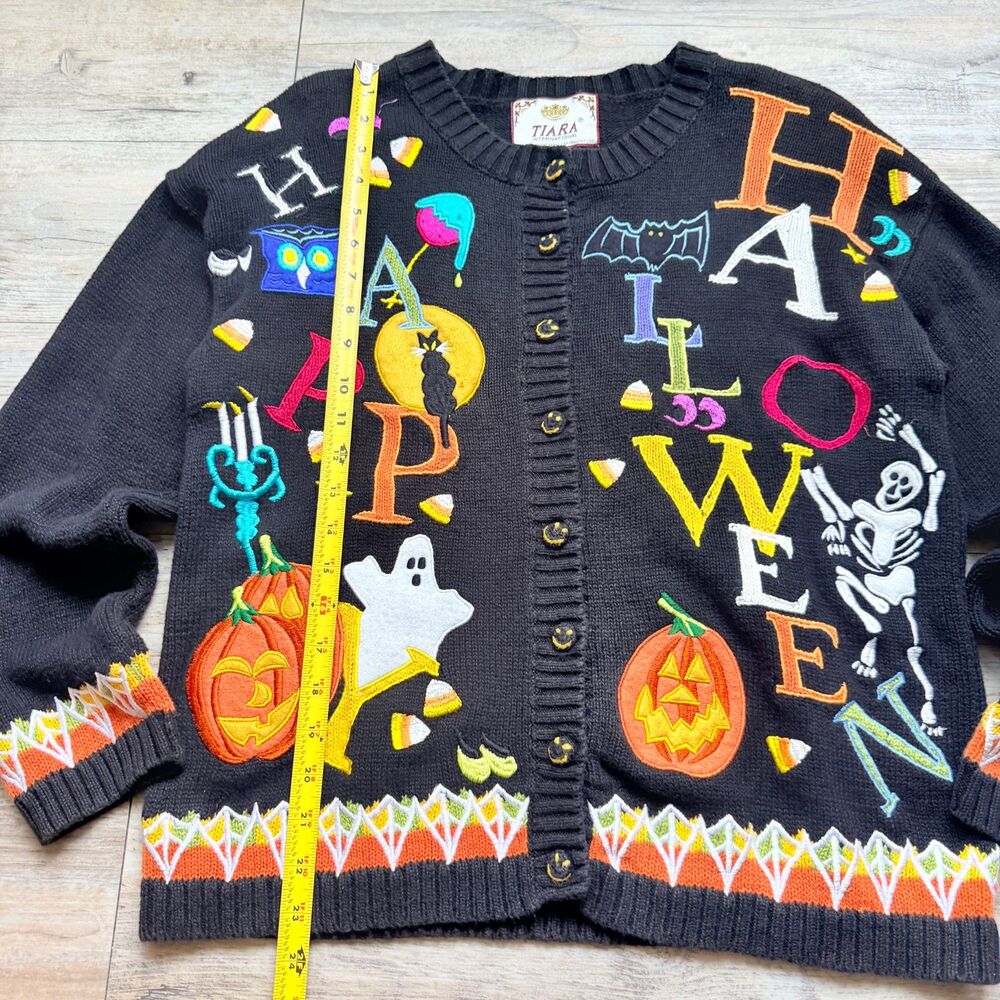 Vintage Halloween Sweater Cardigan Small 2001 Tiara International Ghost Pumpkin - Picture 6 of 13